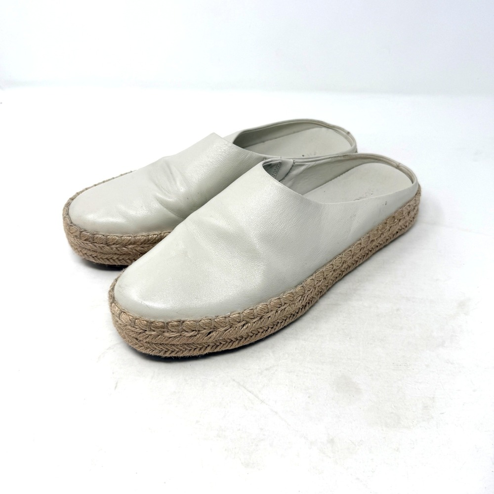 Vince Espadrille Mules 10M Off White Cream Leather Jute Platform Slip On Slides